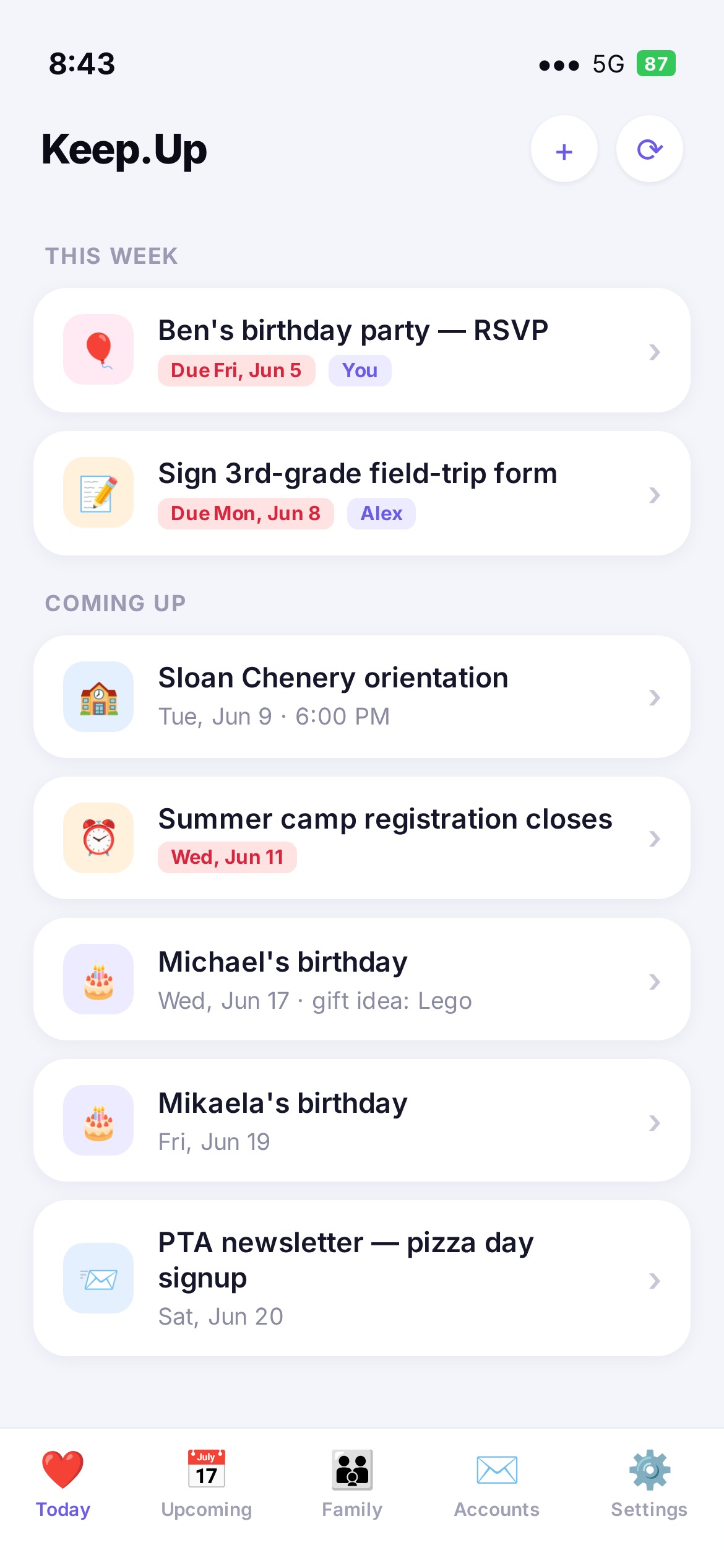 Keep.Up app showing upcoming birthdays, a school party to sign, and registration items